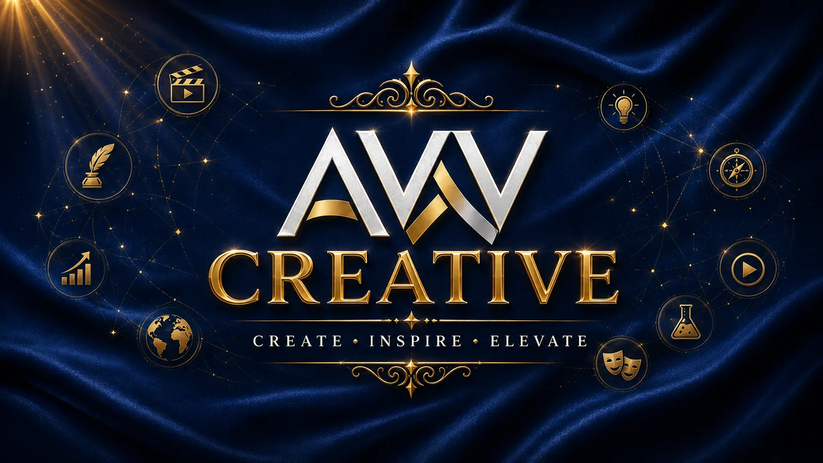 AVV Creative logo with the words Create, Inspire, Elevate on deep blue velvet, surrounded by gold icons for film, writing, business, travel, ideas, discovery, video, science and comedy.